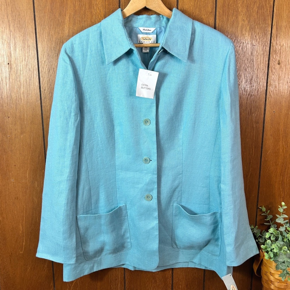 Vintage Talbots Petites Irish‎ Linen Blazer Jacket Blue Button Front Pockets NWT